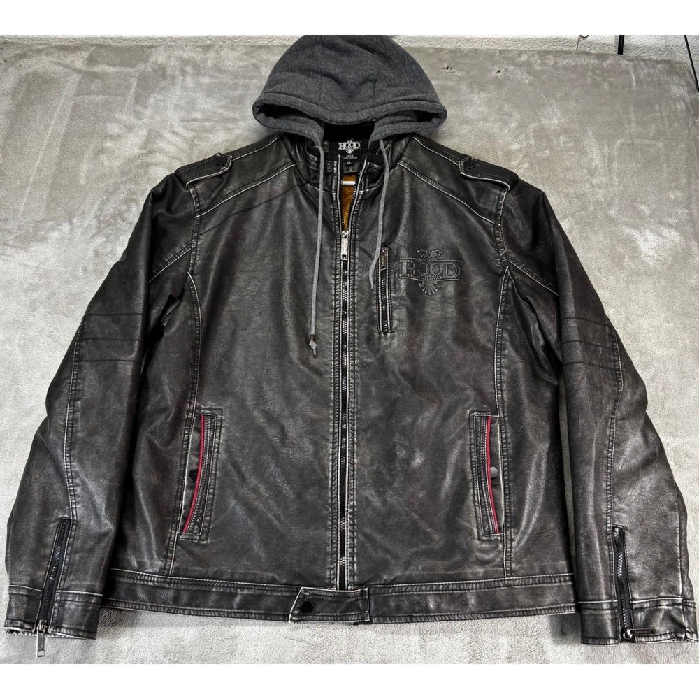 Hood Crew Faux Leather Jacket Mens XL Black Distressed Sherpa Lined Hooded‎